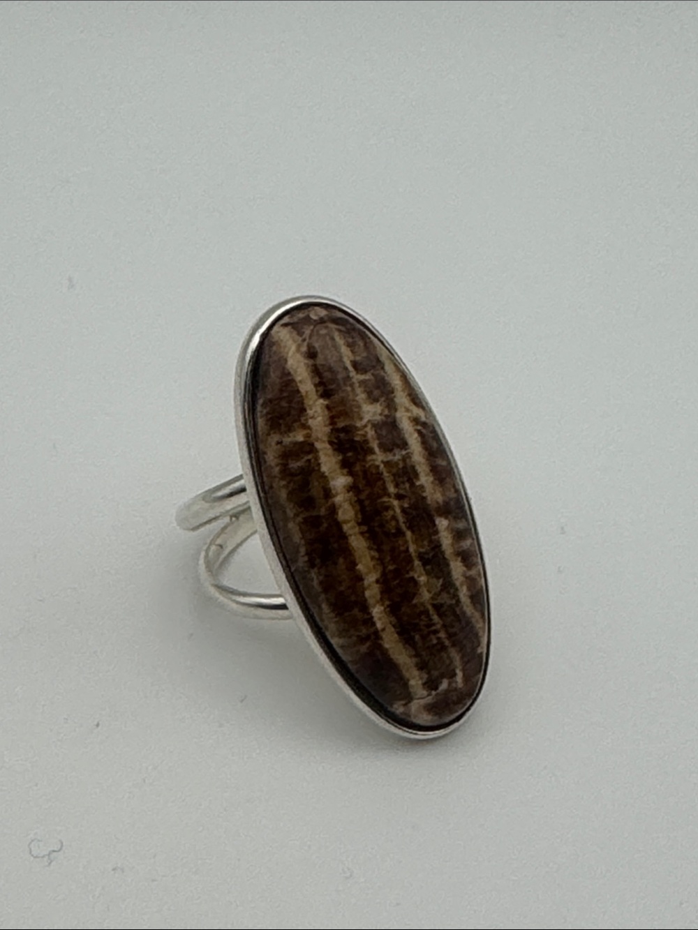 950 Silver Aragonite Brown Striped Oval Stone Ring